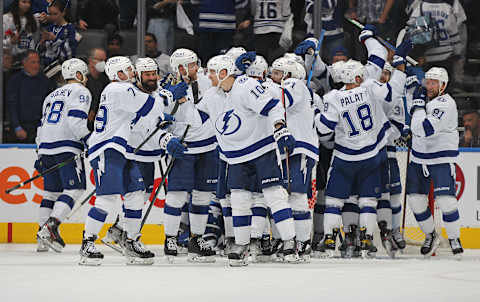 TORONTO, ON – MAY 14: the Tampa Bay Lightning celebrate victory against the Toronto Maple Leafs after Game Seven of the First Round of the 2022 Stanley Cup Play-offs at Scotiabank Arena on May 14, 2022 in Toronto, Ontario, Canada. The Lightning defeated the Maple Leafs 2-1.(Photo by Claus Andersen/Getty Images)