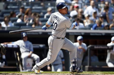 NEW YORK, NY – JUNE 17: Wilson Ramos #40 of the Tampa Bay Rays at bat against the New York Yankees during the fifth inning at Yankee Stadium on June 17, 2018 in the Bronx borough of New York City. (Photo by Adam Hunger/Getty Images)