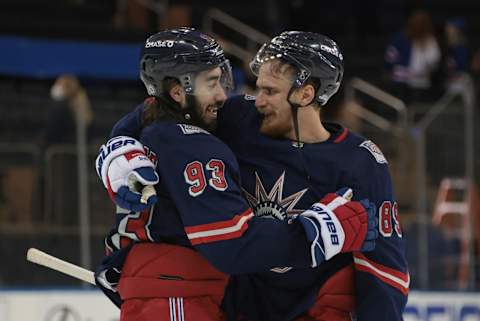 Mika Zibanejad #93 and Pavel Buchnevich #89 of the New York Rangers (Photo by Bruce Bennett/Getty Images)