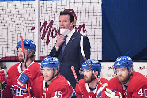 MONTREAL, QUEBEC – JUNE 18: Assistant coach Luke Richardson of the Montreal Canadiens assumes head coaching responsibilities against the Vegas Golden Knights during the first period in Game Three of the Stanley Cup Semifinals of the 2021 Stanley Cup Playoffs at Bell Centre on June 18, 2021 in Montreal, Quebec. Head coach Dominique Ducharme (not pictured) tested positive for COVID-19 earlier in the day. (Photo by Minas Panagiotakis/Getty Images)