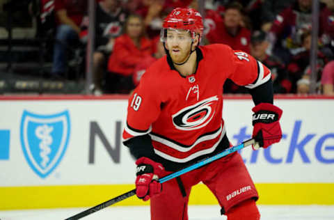 RALEIGH, NC – OCTOBER 6: Dougie Hamilton #19 of the Carolina Hurricanes skates for position on the ice during an NHL game against the Tampa Bay Lightning on October 6, 2019 at PNC Arena in Raleigh North Carolina. (Photo by Gregg Forwerck/NHLI via Getty Images)