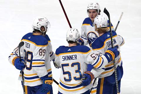 Feb 13, 2022; Montreal, Quebec, CAN; Buffalo Sabres left wing Jeff Skinner (53) celebrates his goal against Montreal Canadiens with teammates during the second period at Bell Centre. Mandatory Credit: Jean-Yves Ahern-USA TODAY Sports