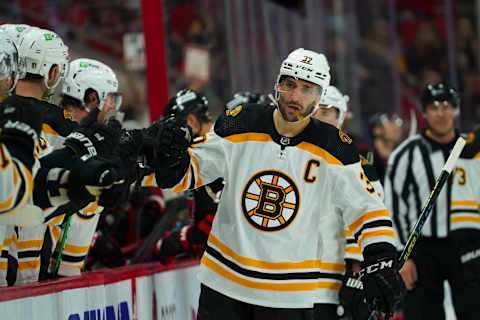 May 4, 2022; Raleigh, North Carolina, USA; Patrice Bergeron. Mandatory Credit: James Guillory-USA TODAY Sports