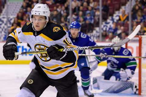 VANCOUVER, BC – OCTOBER 20: Boston Bruins left wing Anders Bjork (10) skates to the play during their NHL game against the Vancouver Canucks at Rogers Arena on October 20, 2018 in Vancouver, British Columbia, Canada. Vancouver won 2-1. (Photo by Derek Cain/Icon Sportswire via Getty Images)