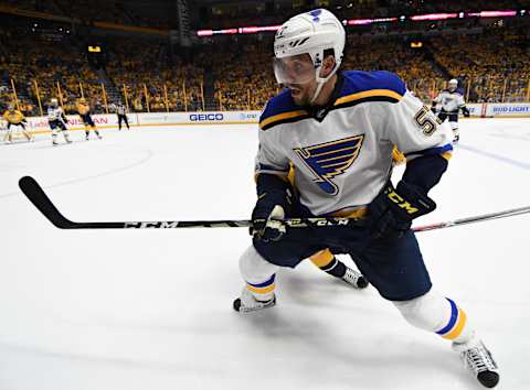 Apr 30, 2017; Nashville, TN, USA; St. Louis Blues left wing David Perron (57) waits to play the puck against the Nashville Predators in game three of the second round of the 2017 Stanley Cup Playoffs at Bridgestone Arena. Mandatory Credit: Christopher Hanewinckel-USA TODAY Sports