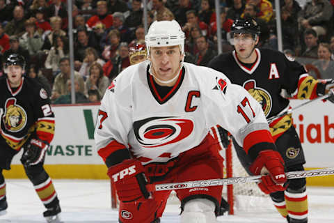 Rod Brind’Amour #17, Carolina Hurricanes (Photo by Phillip MacCallum/Getty Images)