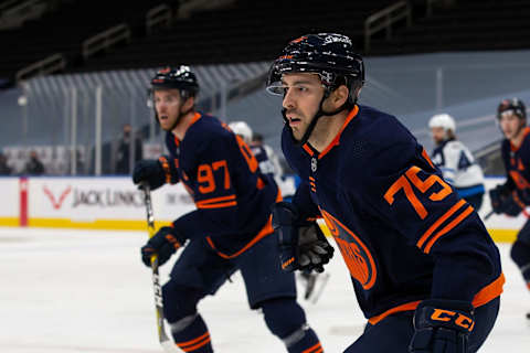 Evan Bouchard #75 of the Edmonton Oilers. (Photo by Codie McLachlan/Getty Images)