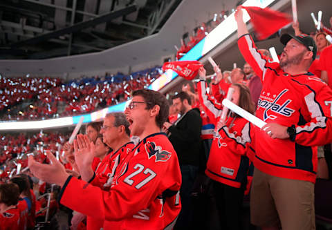 WASHINGTON DC – JUNE 4: Capitals fans stand cheer the their team taking the ice for the start of the game during the Washington Capitals defeat of the Vegas Golden Knights 6 – 2 in game 4 of the Stanley Cup finals to lead the series 3 game to 1 in Washington DC on June 4, 2018. (Photo by John McDonnell/The Washington Post via Getty Images)