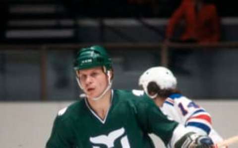 NEW YORK – CIRCA 1979: Mark Howe #5 of the Hartford Whalers skates against the New York Rangers during an NHL Hockey game circa 1979 at Madison Square Garden in the Manhattan borough of New York City. Howe’s playing career went from 1973-95. (Photo by Focus on Sport/Getty Images)