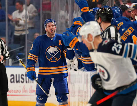 BUFFALO, NY – MARCH 30: Zemgus Girgensons #28 of the Buffalo Sabres celebrates after scoring his second goal of the game against Winnipeg Jets during the second period at KeyBank Center on March 30, 2022 in Buffalo, New York. (Photo by Kevin Hoffman/Getty Images)