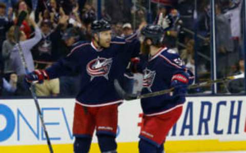 Columbus Blue Jackets defenseman Jack Johnson (7) in the Columbus home (Russell LaBounty-USA TODAY Sports)