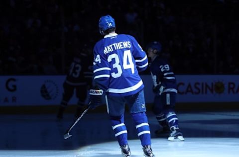 Oct 2, 2016; Toronto, Ontario, CAN; Toronto Maple Leafs center Auston Matthews (34) before the start of their game against the Montreal Canadiens during a preseason hockey game at Air Canada Centre. The Maple Leafs beat the Canadiens 3-2 in overtime. Mandatory Credit: Tom Szczerbowski-USA TODAY Sports