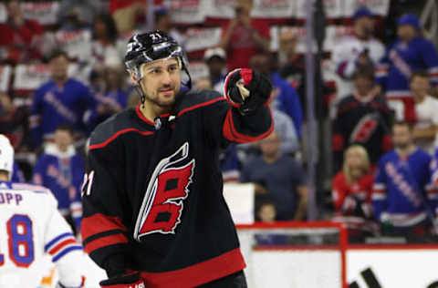 RALEIGH, NORTH CAROLINA – MAY 18: Nino Niederreiter #21 of the Carolina Hurricanes skates in warm-ups prior to the game against the Carolina Hurricanes in Game One of the Second Round of the 2022 Stanley Cup Playoffs at PNC Arena on May 18, 2022, in Raleigh, North Carolina. (Photo by Bruce Bennett/Getty Images)