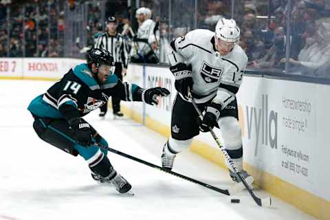 ANAHEIM, CALIFORNIA – MARCH 10: Adam Henrique #14 of the Anaheim Ducks and Dion Phaneuf #3 of the Los Angeles Kings fight for control of the puck during a game at Honda Center on March 10, 2019, in Anaheim, California. (Photo by Katharine Lotze/Getty Images)