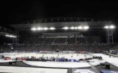 Jan 1, 2017; Toronto, Ontario, CAN; A general view of the venue as the Toronto Maple Leafs play against the Detroit Red Wings during the Centennial Classic ice hockey game at BMO Field. The Maple Leafs beat the Red Wings 5-4 in overtime. Mandatory Credit: Tom Szczerbowski-USA TODAY Sports