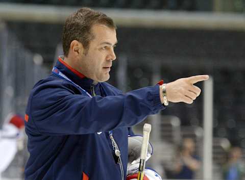 Jun 3, 2014; Los Angeles, CA, USA; New York Rangers coach Alain Vigneault during practice the day before game one of the 2014 Stanley Cup Final against the Los Angeles Kings at Staples Center. Mandatory Credit: Kirby Lee-USA TODAY Sports