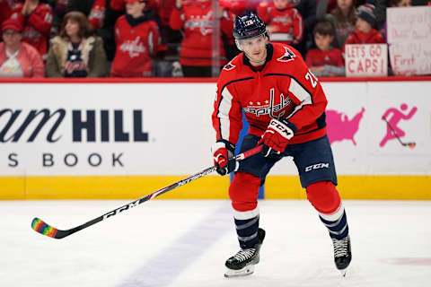 WASHINGTON, DC – JANUARY 07: Nic Dowd #26 of the Washington Capitals warms up with pride tape on his stick in honor of Pride Night before a game between the Ottawa Senators and Capitals at Capital One Arena on January 7, 2020 in Washington, DC. (Photo by Patrick McDermott/NHLI via Getty Images)