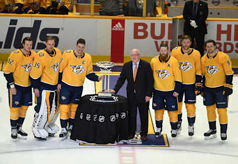 Nashville Predators center Ryan Johansen (92) goalie Pekka Rinne (35) defenseman Roman Josi (59) defenseman Ryan Ellis (4) defenseman Mattias Ekholm (14) and left wing Filip Forsberg (9)  Mandatory Credit: Christopher Hanewinckel-USA TODAY Sports