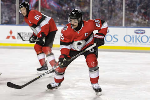 OTTAWA, ON – DECEMBER 16: Erik Karlsson #65 of the Ottawa Senators skates against the Montreal Canadiens at the 2017 Scotiabank NHL 100 Classic at Lansdowne Park on December 16, 2017 in Ottawa, Canada. (Photo by Francois Laplante/Getty Images/Freestyle Photo)