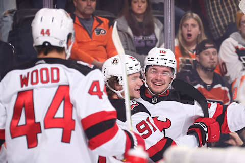 Alexander Holtz #10 of the New Jersey Devils. (Photo by Tim Nwachukwu/Getty Images)