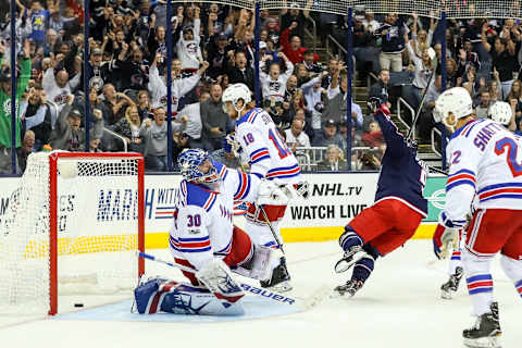 COLUMBUS, OH – OCTOBER 13: Columbus Blue Jackets left wing Artemi Panarin (9) scores a goal during the third period in a game between the Columbus Blue Jackets and the New York Rangers on October 13, 2017, at Nationwide Arena in Columbus, OH.(Photo by Adam Lacy/Icon Sportswire via Getty Images)