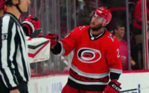 Apr 19, 2023; Raleigh, North Carolina, USA; Carolina Hurricanes right wing Stefan Noesen (23) celebrates his goal against the New York Islanders during the second period in game two of the first round of the 2023 Stanley Cup Playoffs at PNC Arena. Mandatory Credit: James Guillory-USA TODAY Sports