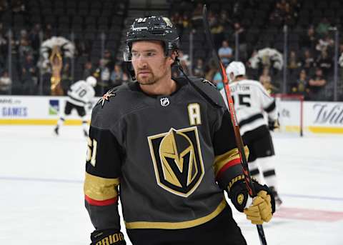 LAS VEGAS, NEVADA – SEPTEMBER 27: Mark Stone #61 of the Vegas Golden Knights warms up prior to a game against the Los Angeles Kings at T-Mobile Arena on September 27, 2019 in Las Vegas, Nevada. (Photo by David Becker/NHLI via Getty Images)