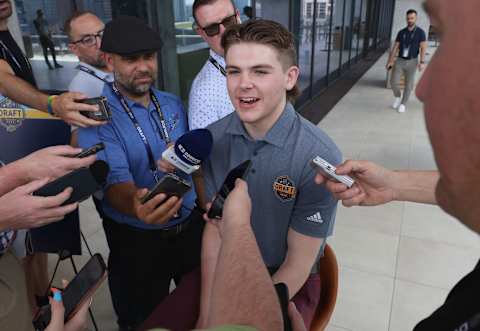 NASHVILLE, TENNESSEE – JUNE 27: NHL prospect Zach Benson speaks with the media at a press availability at AllianceBernstein Tower on June 27, 2023 in Nashville, Tennessee. (Photo by Bruce Bennett/Getty Images)