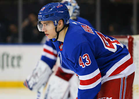 NEW YORK, NY – MARCH 09: New York Rangers Defenceman Libor Hajek (43) awaits a face off during the National Hockey League game between the New Jersey Devils and the New York Rangers on March 9, 2019 at Madison Square Garden in New York, NY. (Photo by Joshua Sarner/Icon Sportswire via Getty Images)