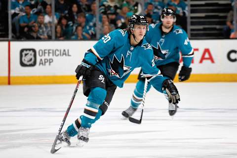 SAN JOSE, CA – MAY 2: Marcus Sorensen #20 of the San Jose Sharks skates in Game Four of the Western Conference Second Round against the Vegas Golden Knights during the 2018 NHL Stanley Cup Playoffs at SAP Center on May 2, 2018 in San Jose, California. (Photo by Don Smith/NHLI via Getty Images) *** Local Caption *** Marcus Sorensen