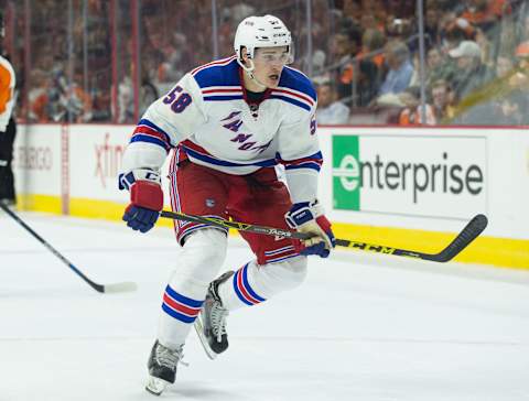 Sep 22, 2015; Philadelphia, PA, USA; New York Rangers defenseman Ryan Graves (58) in a game against the Philadelphia Flyers at Wells Fargo Center. The Flyers won 5-3. Mandatory Credit: Bill Streicher-USA TODAY Sports