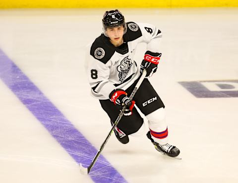 KITCHENER, ONTARIO – MARCH 23: Tristan Luneau #8 of Team White skates during morning skate prior to the 2022 CHL/NHL Top Prospects Game at Kitchener Memorial Auditorium on March 23, 2022 in Kitchener, Ontario. (Photo by Chris Tanouye/Getty Images)