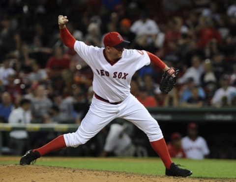 Jul 20, 2016; Boston, MA, USA; Boston Red Sox relief pitcher Brad Ziegler (29) pitches during the ninth inning against the San Francisco Giants at Fenway Park. Mandatory Credit: Bob DeChiara-USA TODAY Sports