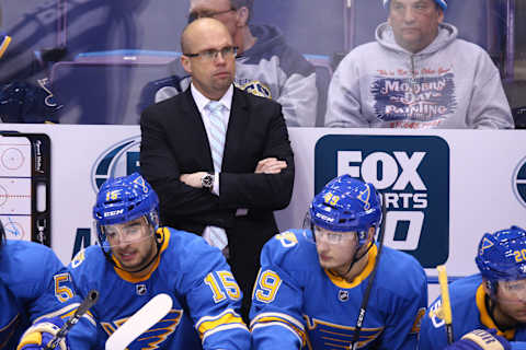 Feb 2, 2017; St. Louis, MO, USA; St. Louis Blues head coach Mike Yeo watches from the bench during the third period against the Toronto Maple Leafs at Scottrade Center. The Blues won 5-1. Mandatory Credit: Billy Hurst-USA TODAY Sports