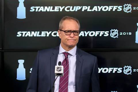 WINNIPEG, MB – APRIL 12: Head Coach Paul Maurice of the Winnipeg Jets answers questions during the post-game press conference following a 4-3 loss against the St. Louis Blues in Game Two of the Western Conference First Round during the 2019 NHL Stanley Cup Playoffs at the Bell MTS Place on April 12, 2019 in Winnipeg, Manitoba, Canada. The Blues lead the series 2-0. (Photo by Jonathan Kozub/NHLI via Getty Images)