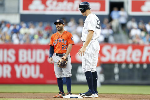 NEW YORK, NY – MAY 30: Aaron Judge #99 of the New York Yankees and Jose Altuve #27 of the Houston Astros talk on second base during the first inning at Yankee Stadium on May 30, 2018 in the Bronx borough of New York City. (Photo by Adam Hunger/Getty Images)