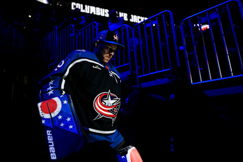 Dec 9, 2022; Columbus, Ohio, USA; Columbus Blue Jackets goaltender Elvis Merzlikins (90) takes the ice prior to the game against the Calgary Flames at Nationwide Arena. Mandatory Credit: Aaron Doster-USA TODAY Sports