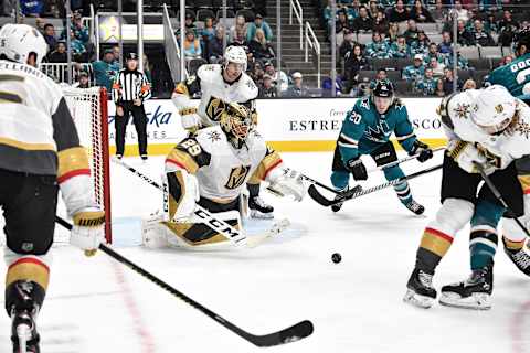 SAN JOSE, CA – OCTOBER 04: Marc-Andre Fleury #29 of the Vegas Golden Knights dives to make the save against the San Jose Sharks at SAP Center on October 4, 2019 in San Jose, California. (Photo by Brandon Magnus/NHLI via Getty Images)