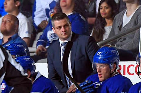 TORONTO, ON – MAY 15: Head coach Sheldon Keefe of the Toronto Marlies watches the play develop against the Syracuse Crunch during game 6 action in the Division Final of the Calder Cup Playoffs on May 15, 2017 at Ricoh Coliseum in Toronto, Ontario, Canada. Marlies beat the Crunch 2-1 to tie the series 3-3. (Photo by Graig Abel/Getty Images)