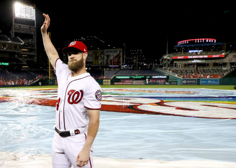 WASHINGTON, DC – SEPTEMBER 26: Bryce Harper #34 of the Washington Nationals waves to the crowd following the Nationals 9-3 win over the Miami Marlins during their last home game of the year at Nationals Park on September 26, 2018 in Washington, DC. (Photo by Rob Carr/Getty Images)