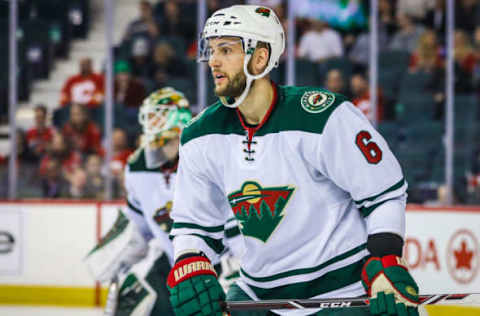 Feb 1, 2017; Calgary, Alberta, CAN; Minnesota Wild defenseman Marco Scandella (6) skates against the Calgary Flames during the third period at Scotiabank Saddledome. Calgary Flames won 5-1. Mandatory Credit: Sergei Belski-USA TODAY Sports