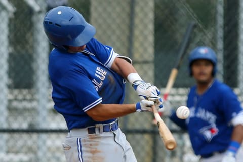 Clearwater, FL – JUN 29: Jordan Groshans (10) of the GCL Blue Jays at bat during the Gulf Coast League (GCL) game between the GCL Blue Jays and the GCL Phillies West on June 29, 2018, at the Carpenter Complex in Clearwater, FL. (Photo by Cliff Welch/Icon Sportswire via Getty Images)