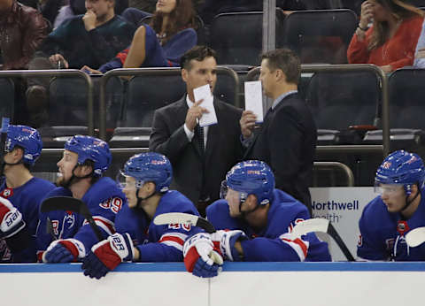 NEW YORK, NEW YORK – SEPTEMBER 19: David Quinn of the New York Rangers handles bench duties against the Philadelphia Flyers at Madison Square Garden on September 19, 2018 in New York City. (Photo by Bruce Bennett/Getty Images)