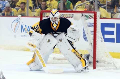 Apr 23, 2016; Pittsburgh, PA, USA; Pittsburgh Penguins goalie Matt Murray (30) guards the net against the New York Rangers during the second period in game five of the first round of the 2016 Stanley Cup Playoffs at the CONSOL Energy Center. The Penguins won 6-3 to take the series 4 games to 1. Mandatory Credit: Charles LeClaire-USA TODAY Sports