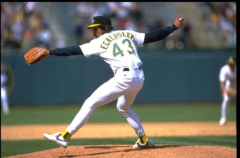 25 APR 1993: DENNIS ECKERSLEY, RELIEF PITCHER FOR THE OAKLAND A”S, DELIVERS A PITCH AGAINST THE CLEVELAND INDIANS AT THE OAKLAND COLISEUM IN OAKLAND, CALIFORNIA. MANDATORY CREDIT: OTTO GREULE/ALLSPORT.