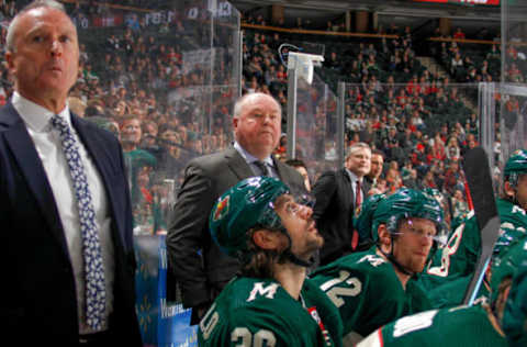 SAINT PAUL, MN – FEBRUARY 4: Minnesota Wild head coach Bruce Boudreau leads his team against the Chicago Blackhawks during the game at the Xcel Energy Center on February 4, 2020, in Saint Paul, Minnesota. (Photo by Bruce Kluckhohn/NHLI via Getty Images)