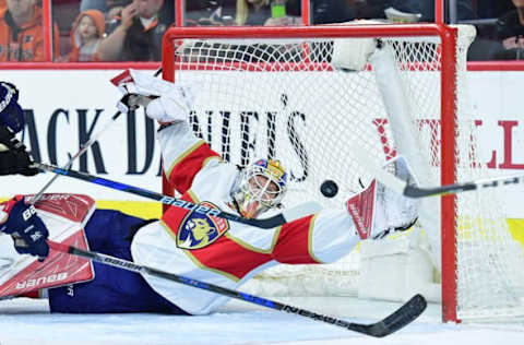 NHL Power Rankings: Florida Panthers goalie James Reimer (34) dives to makes a save against the Philadelphia Flyers during the second period at Wells Fargo Center. Mandatory Credit: Eric Hartline-USA TODAY Sports