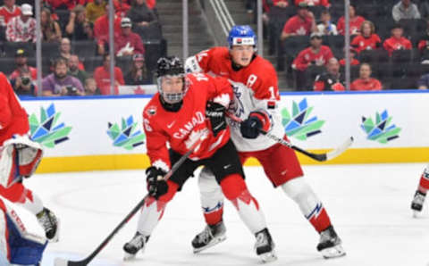 EDMONTON, AB – AUGUST 19: Connor Bedard #16 of Canada battles for position against Stanislav Svozil #14 of Czechia in the IIHF World Junior Championship on August 19, 2022 at Rogers Place in Edmonton, Alberta, Canada (Photo by Andy Devlin/ Getty Images)