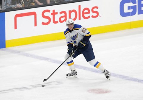 LAS VEGAS, NV – JANUARY 04: St. Louis Blues left wing David Perron (57) in action during a regular season game against the Vegas Golden Knights Saturday, Jan. 4, 2020, at T-Mobile Arena in Las Vegas, Nevada. (Photo by: Marc Sanchez/Icon Sportswire via Getty Images)