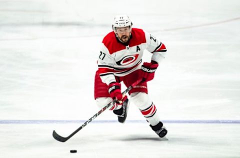 NASHVILLE, TN – MARCH 9: Justin Faulk #27 of the Carolina Hurricanes skates against the Nashville Predators at Bridgestone Arena on March 9, 2019, in Nashville, Tennessee. (Photo by Ronald C. Modra/NHL/Getty Images)